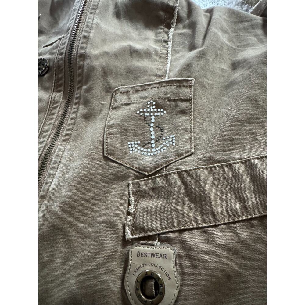 Distressed Brown Green Utility Vest Studded Anchor Graphic Moto Y2K Size S NWOT - Picture 5 of 7